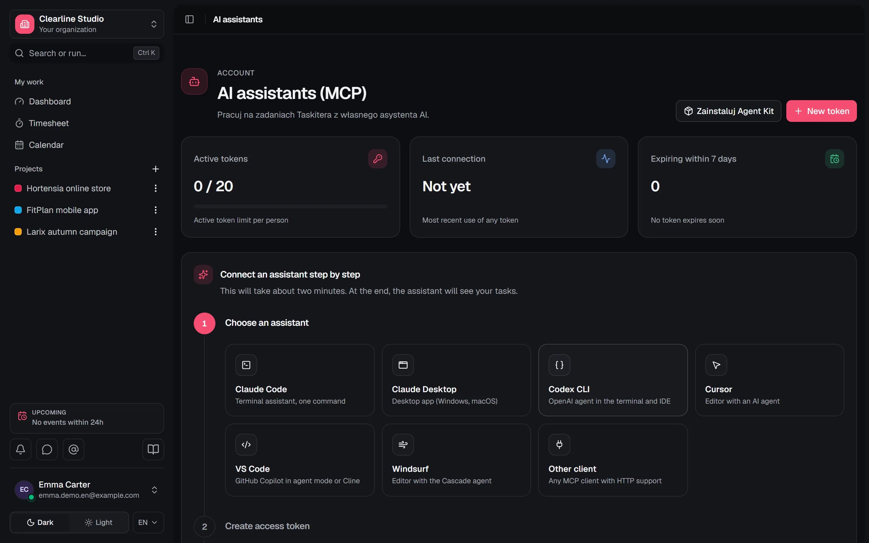 Kreator połączenia agenta AI w panelu Taskitera